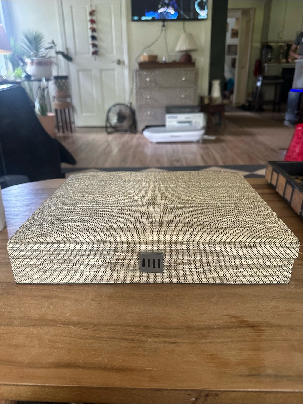 Woven tweed neutral Jewelry Keepsake Box home decor 10”x12”